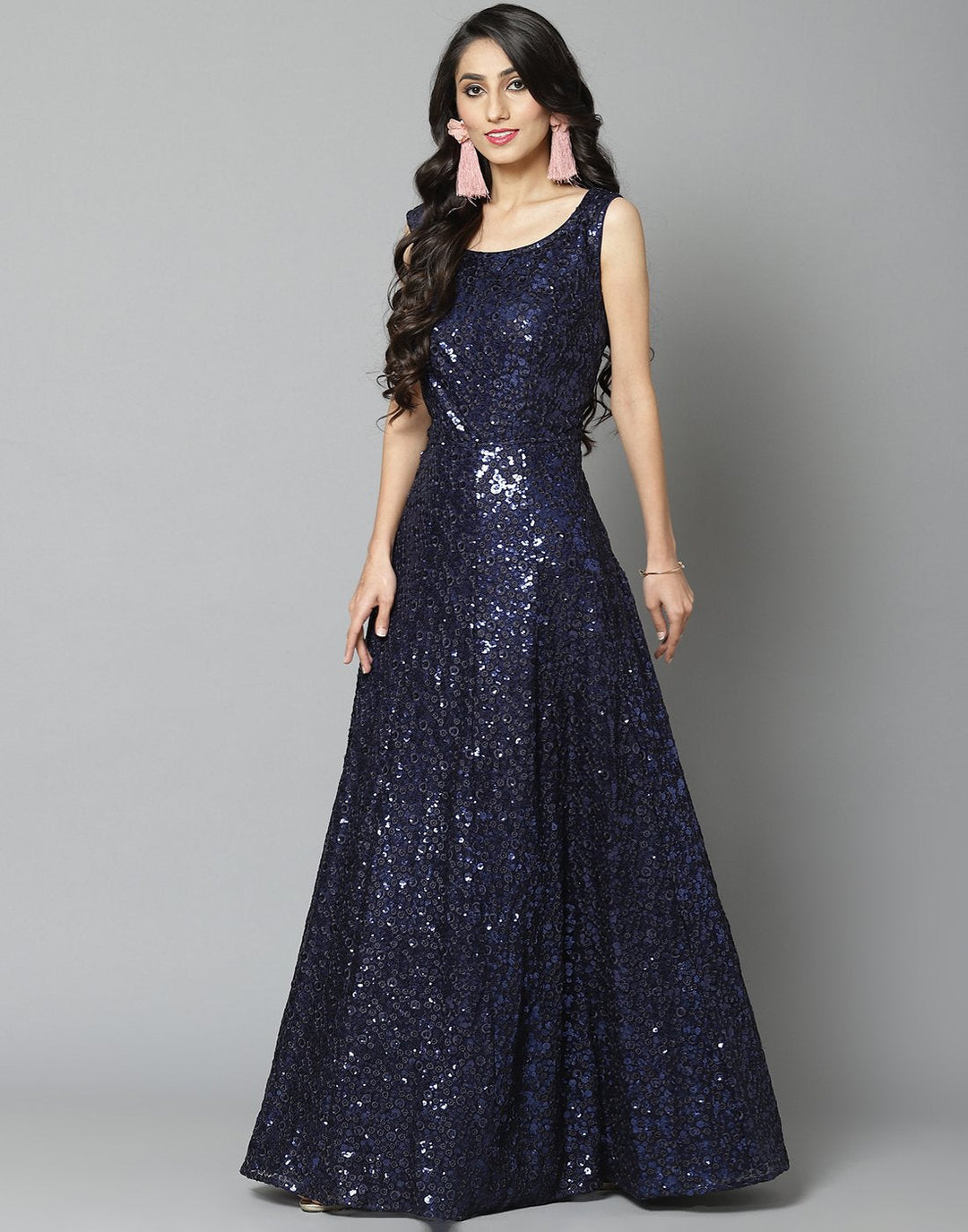 Navy Blue Net Long Dress
