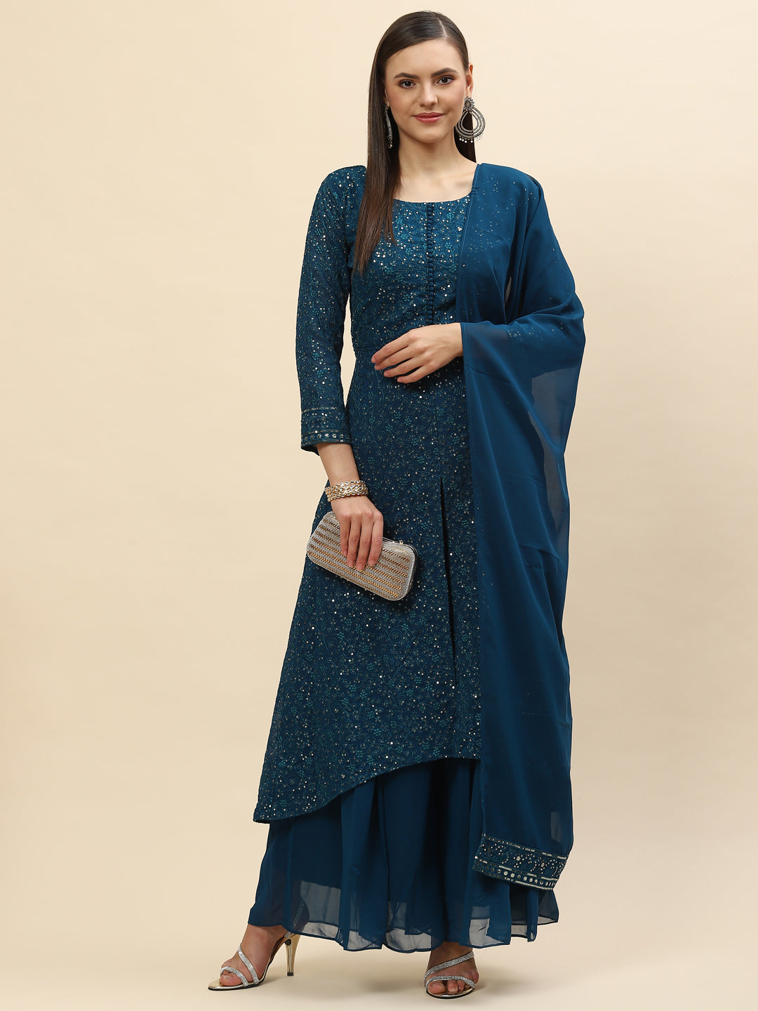 Sequin Embroidered Georgette Kurta With Palazzo &amp; Dupatta