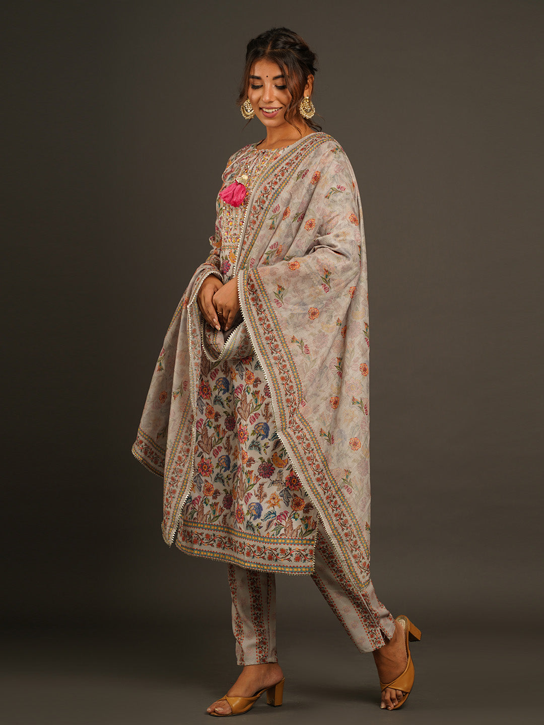 Floral Printed Muslin Kurta With Pants &amp; Dupatta