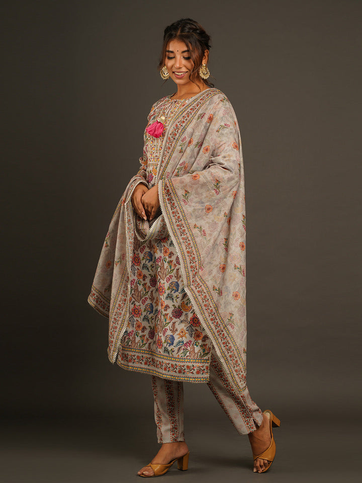 Floral Printed Muslin Kurta With Pants &amp; Dupatta
