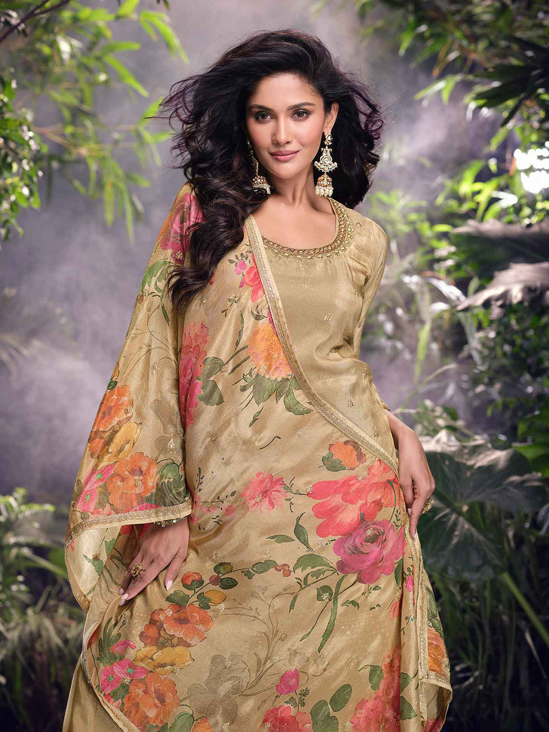 Embroidered Chinon Suit With Plazzo &amp; Dupatta