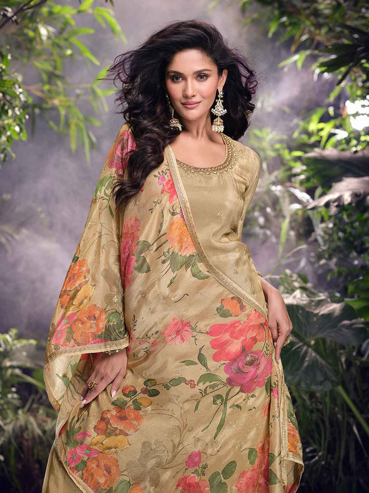 Embroidered Chinon Suit With Plazzo &amp; Dupatta