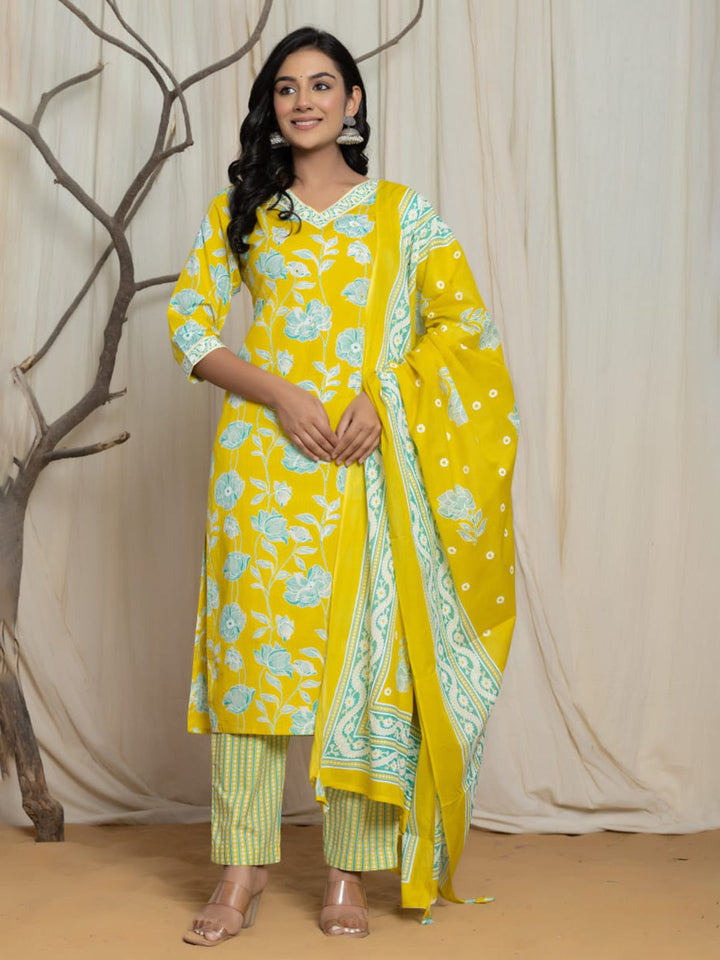 Printed Cotton Blend Kurta With Pants &amp; Dupatta