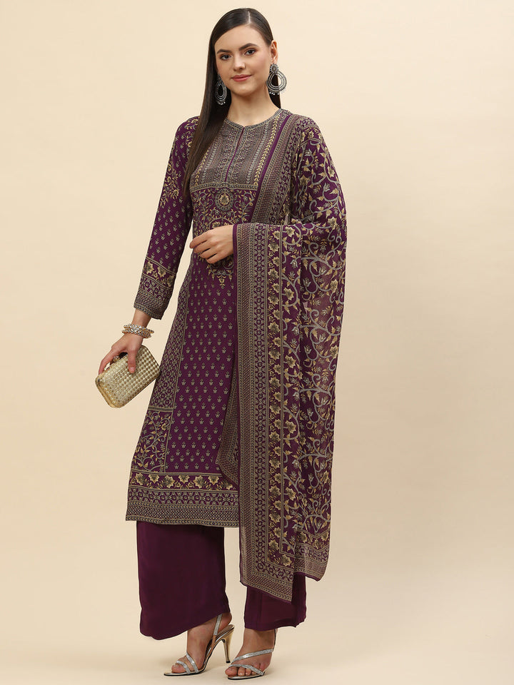 Floral Digital Printed Crepe Kurta With Palazzo &amp; Dupatta