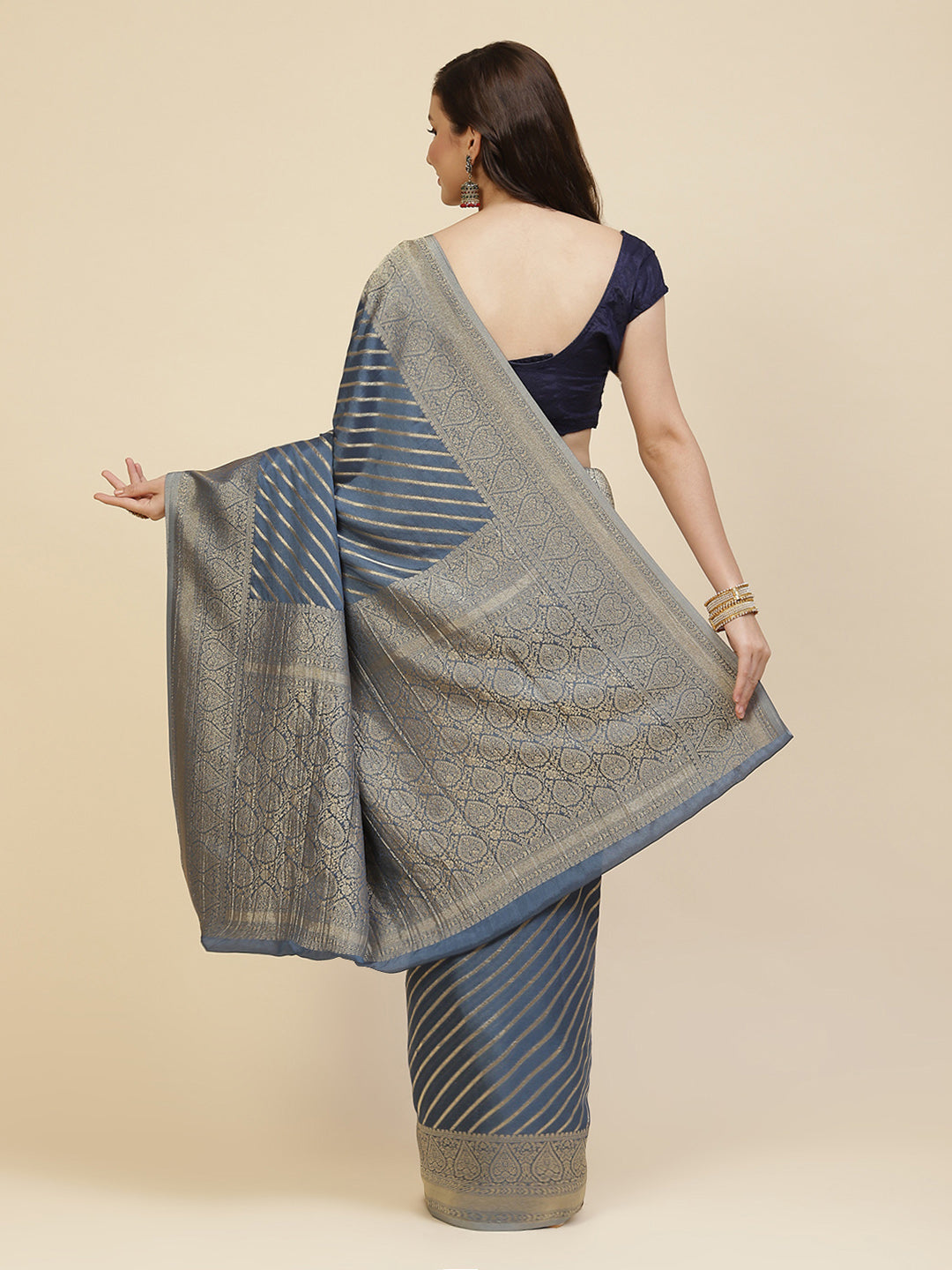 Stripes Zari Jaal Crepe Woven Saree