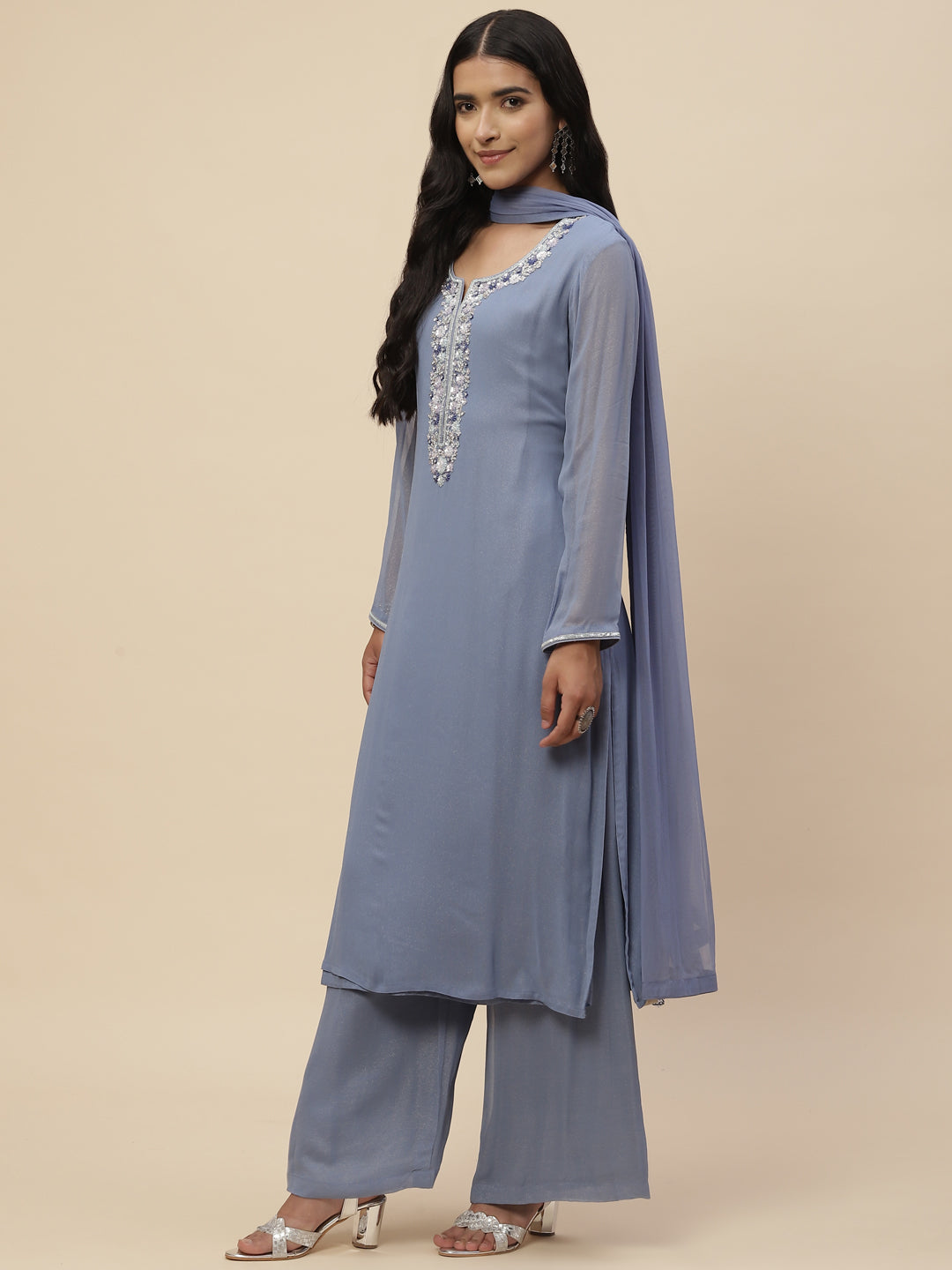 Stone Work Georgette Kurta With Pants &amp; Dupatta