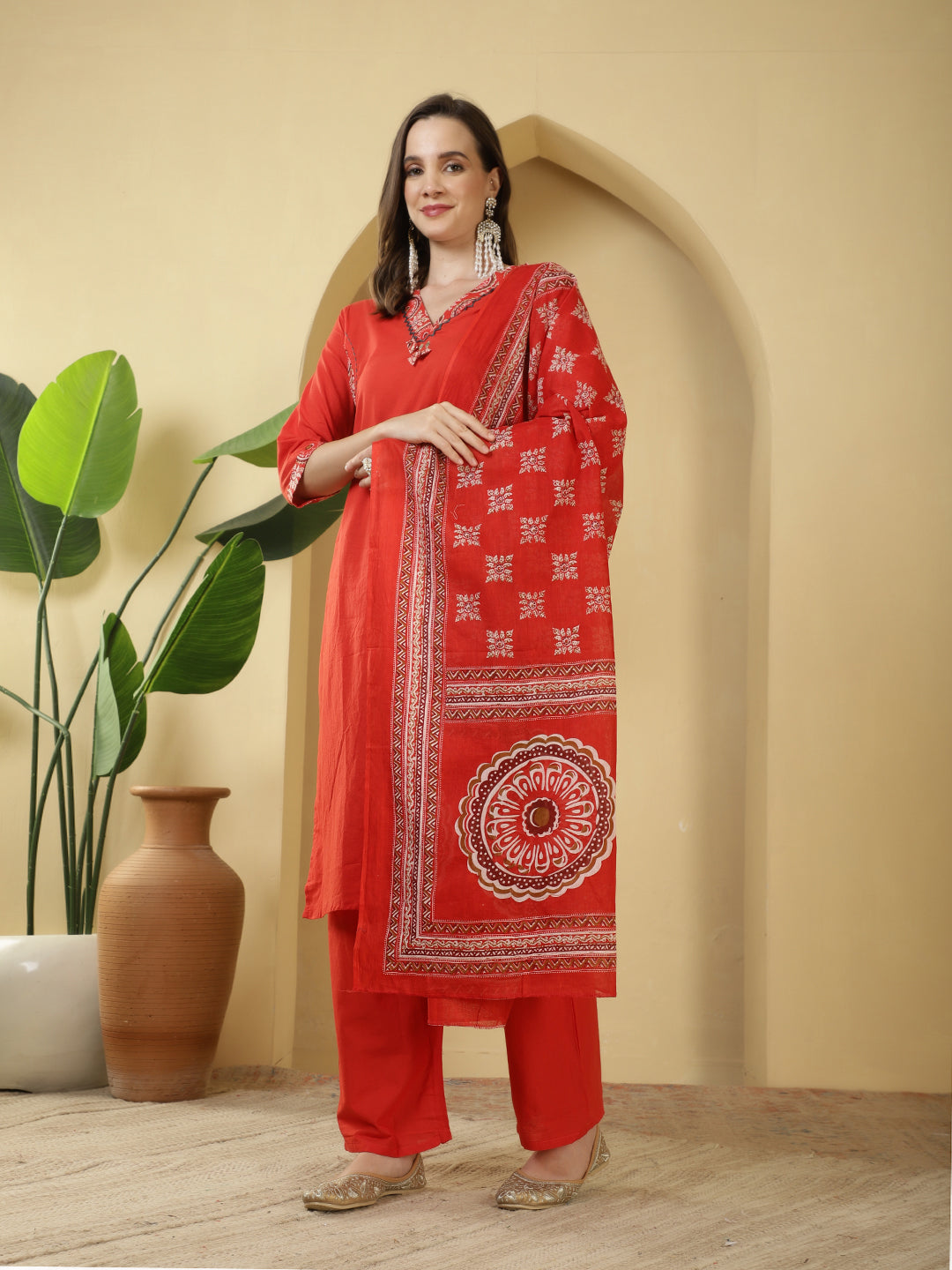 Printed Cotton Blend Kurta With Pants &amp; Dupatta