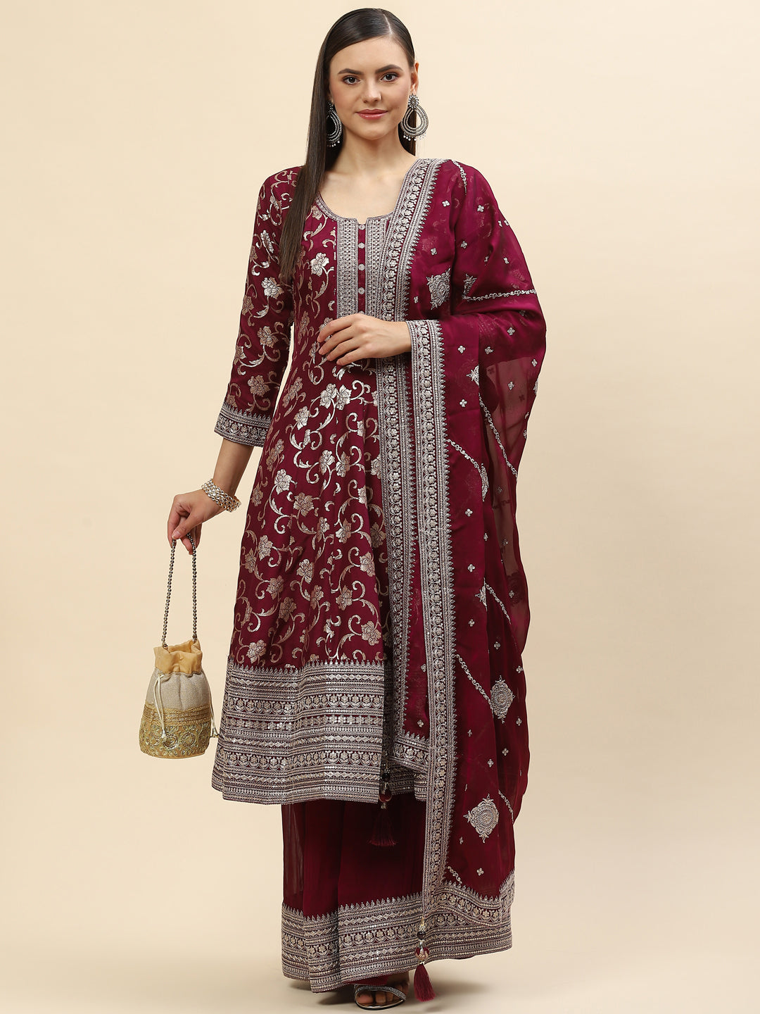 Resham Zari Embroidered Handloom Kurta With Palazzo &amp; Dupatta