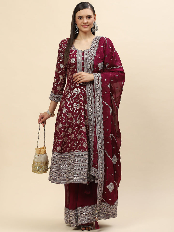 Resham Zari Embroidered Handloom Kurta With Palazzo &amp; Dupatta
