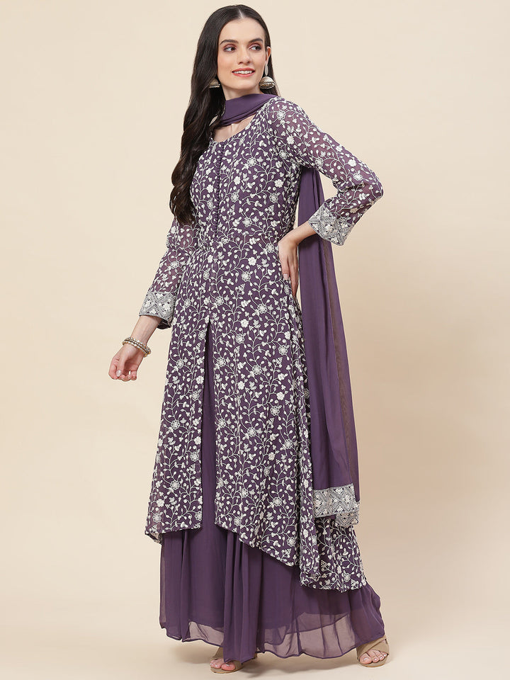 Embroidered Georgette Kurta With Palazzo &amp; Dupatta
