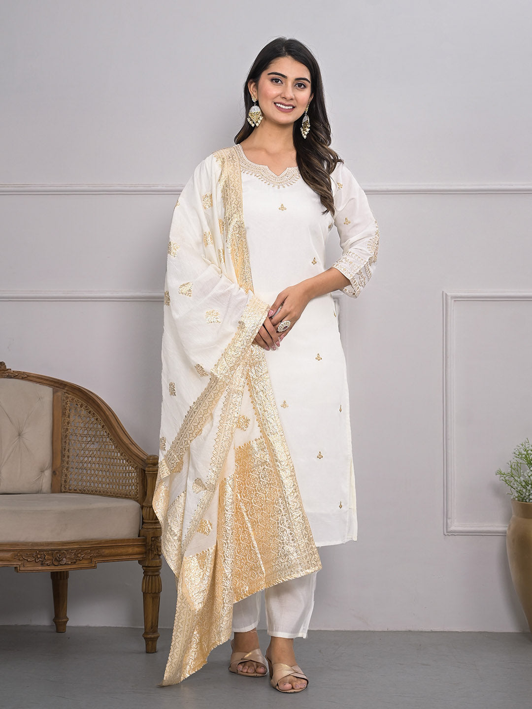 Neck Embroidery Cotton Blend Kurta With Pants &amp; Dupatta