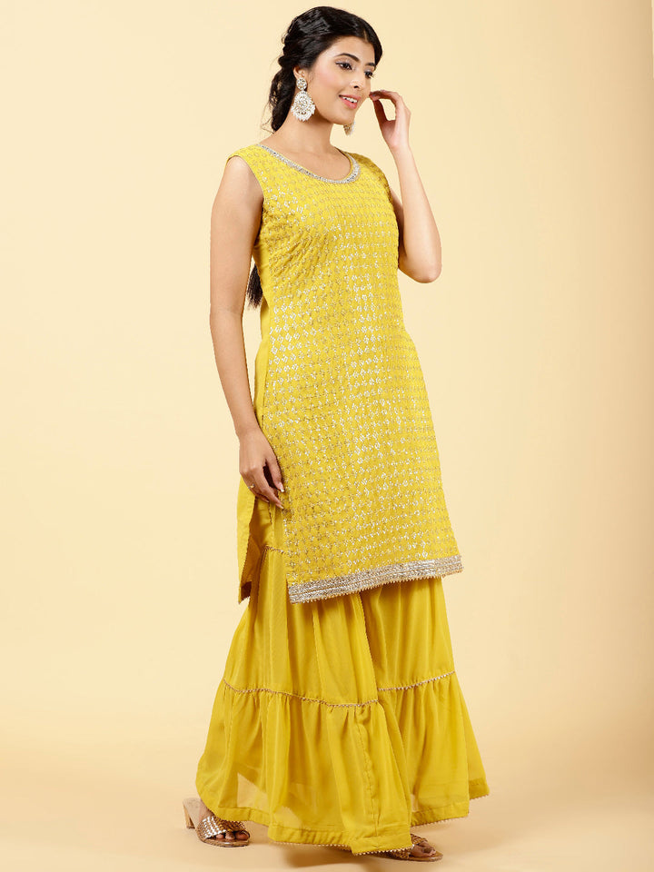 Sequin Embroidered Georgette Kurta With Garara &amp; Dupatta