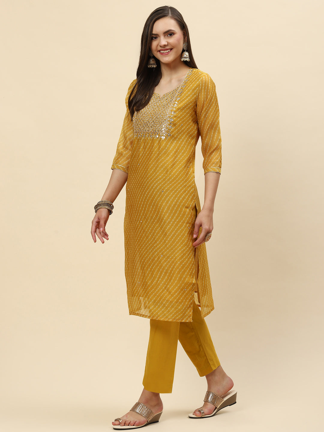 Mirror Embroidered &amp; Lehriya Chanderi Kurta With Pants