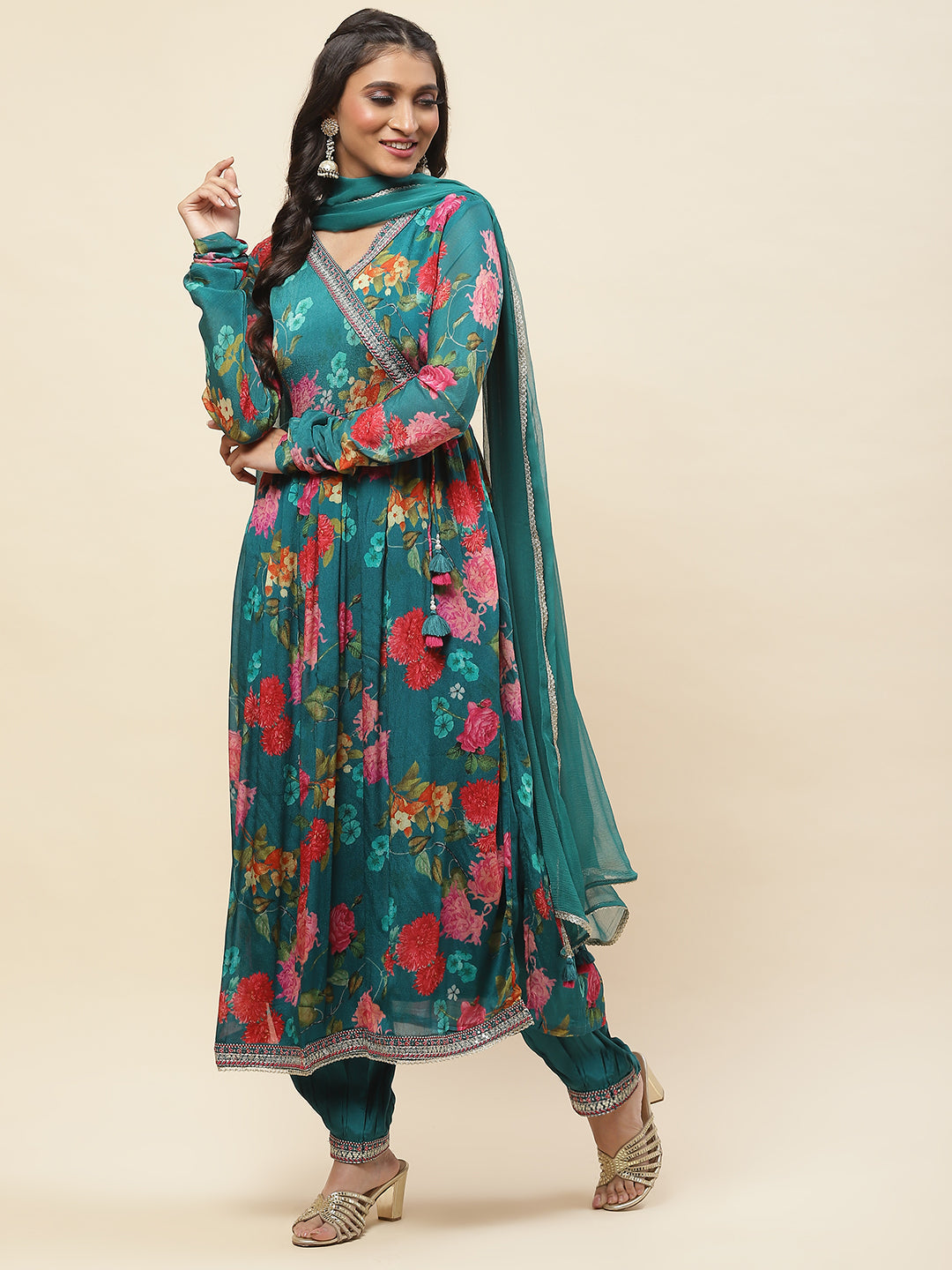 Floral Printed Chiffon Kurta With Pants &amp; Dupatta