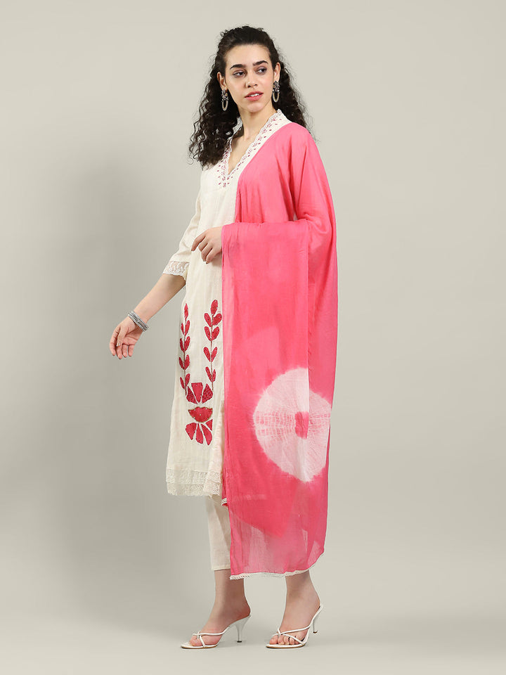 Neck Embroidered Cotton Blend Kurta With Pants &amp; Dupatta