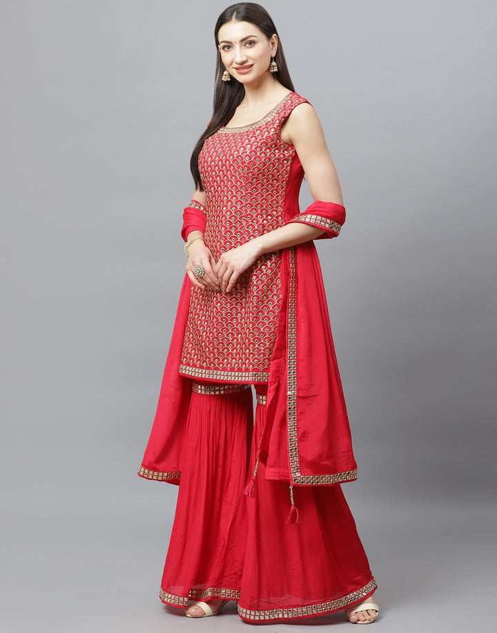 Elegant Red Art Crepe Stitched Gharara Set