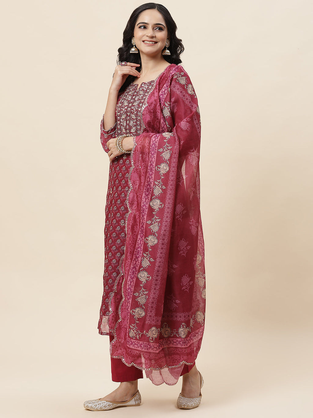 Floral Printed Chanderi Kurta With Pants & Dupatta