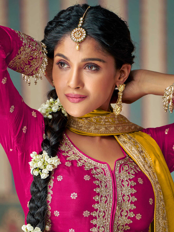 Embroidered Chinon Silk Kurta With Plazzo &amp; Dupatta
