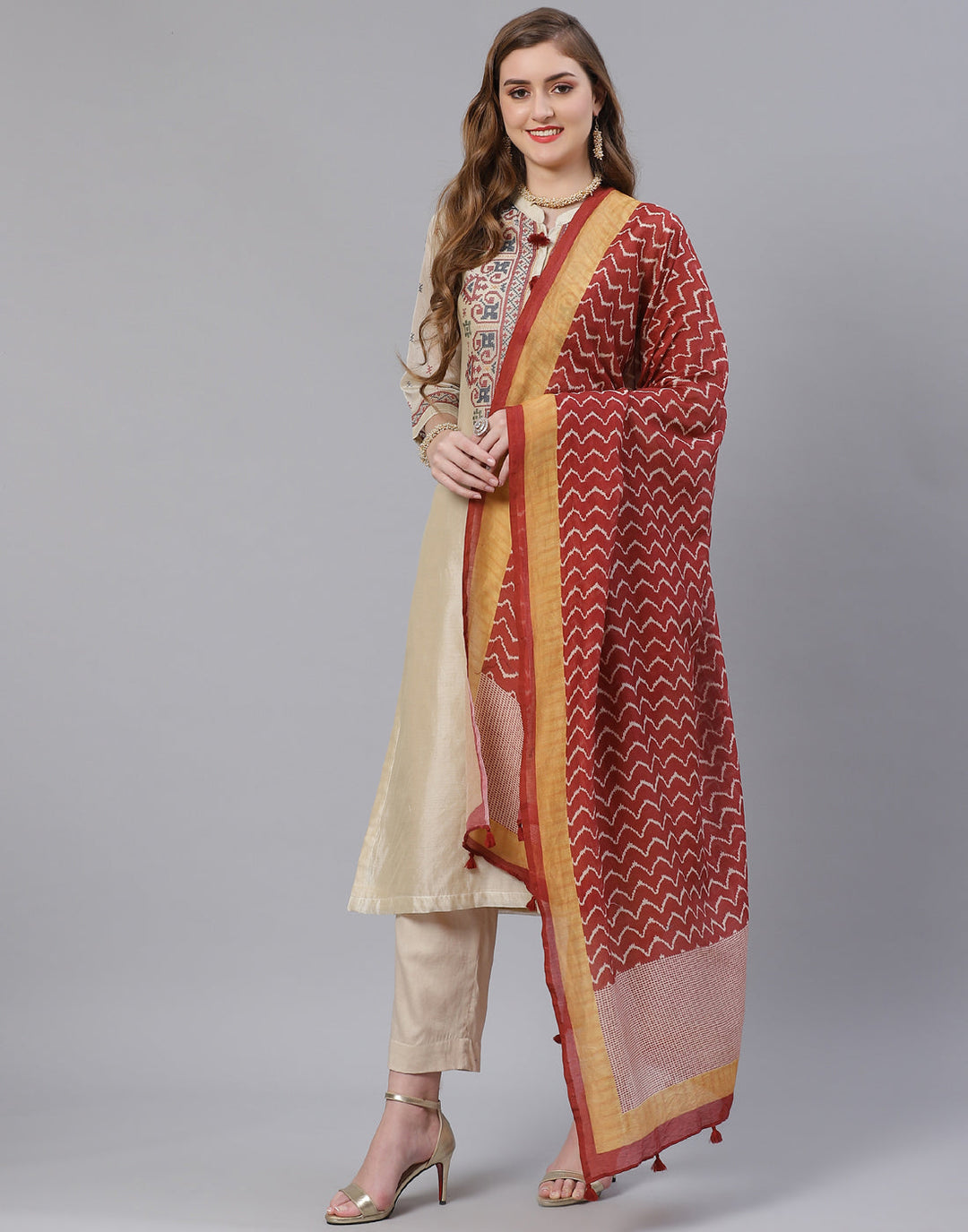 Embroidered Cotton Kurta With Pant &amp; Chanderi Dupatta