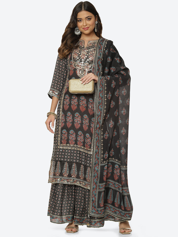 Gota Neck Printed Cotton Kurta With Garara &amp; Dupatta