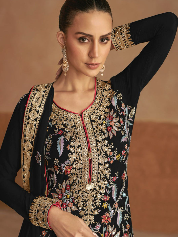 Embroidered Chinnon Kurta With Plazzo &amp; Dupatta