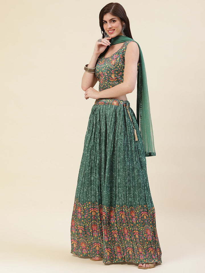 Floral Printed Crepe Choli With Lehenga &amp; Dupatta