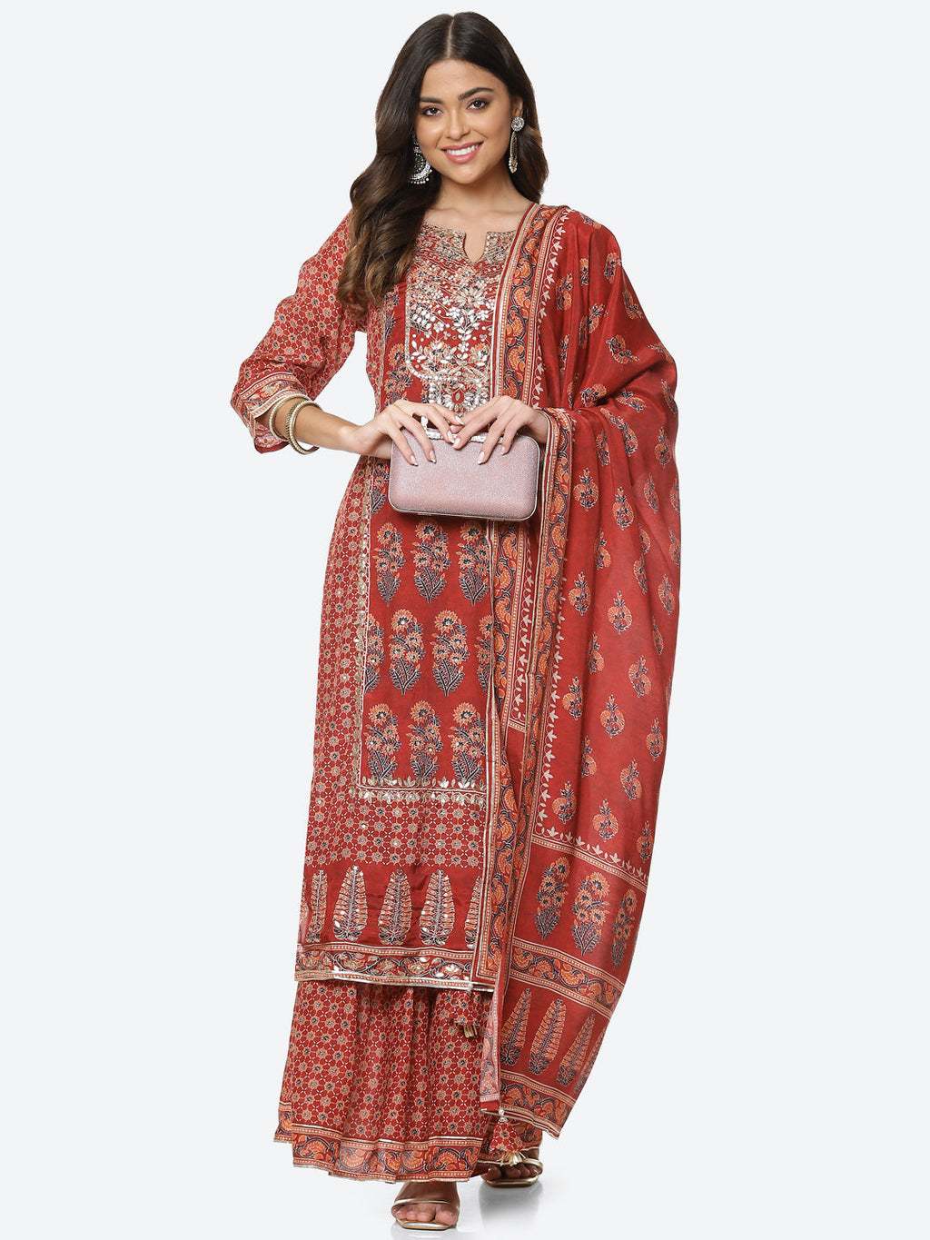 Gota Neck Printed Cotton Kurta With Garara & Dupatta