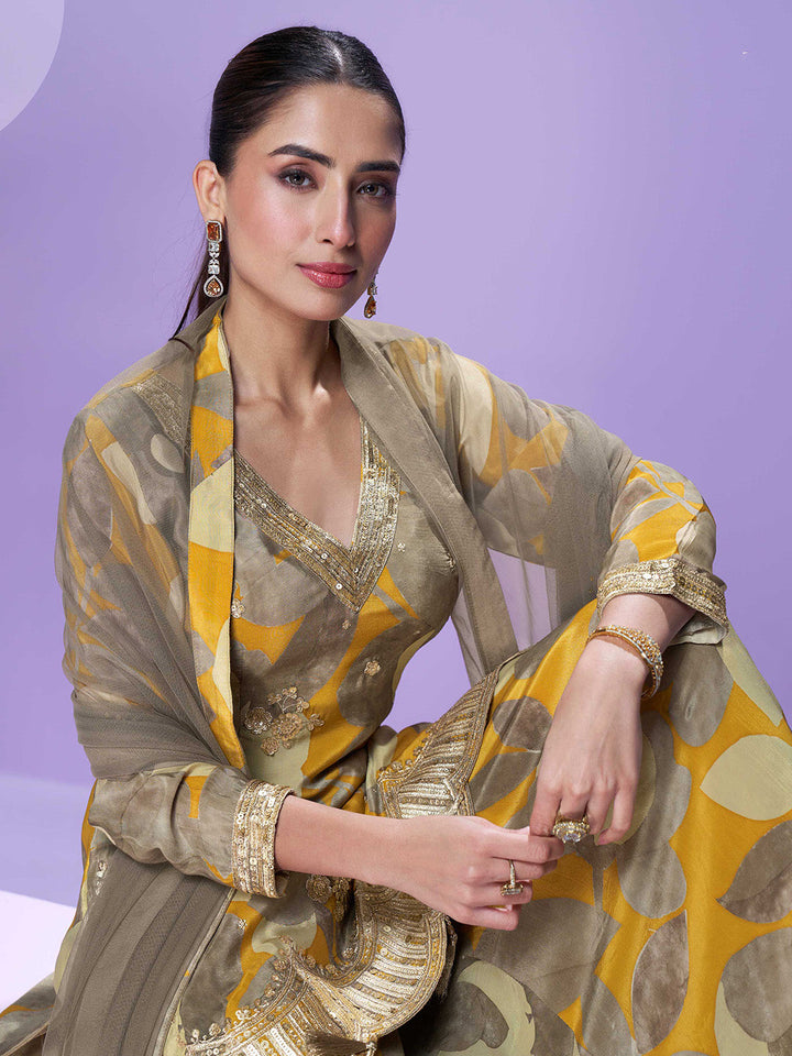 Embroidered Chinon Kurti With Plazzo &amp; Dupatta