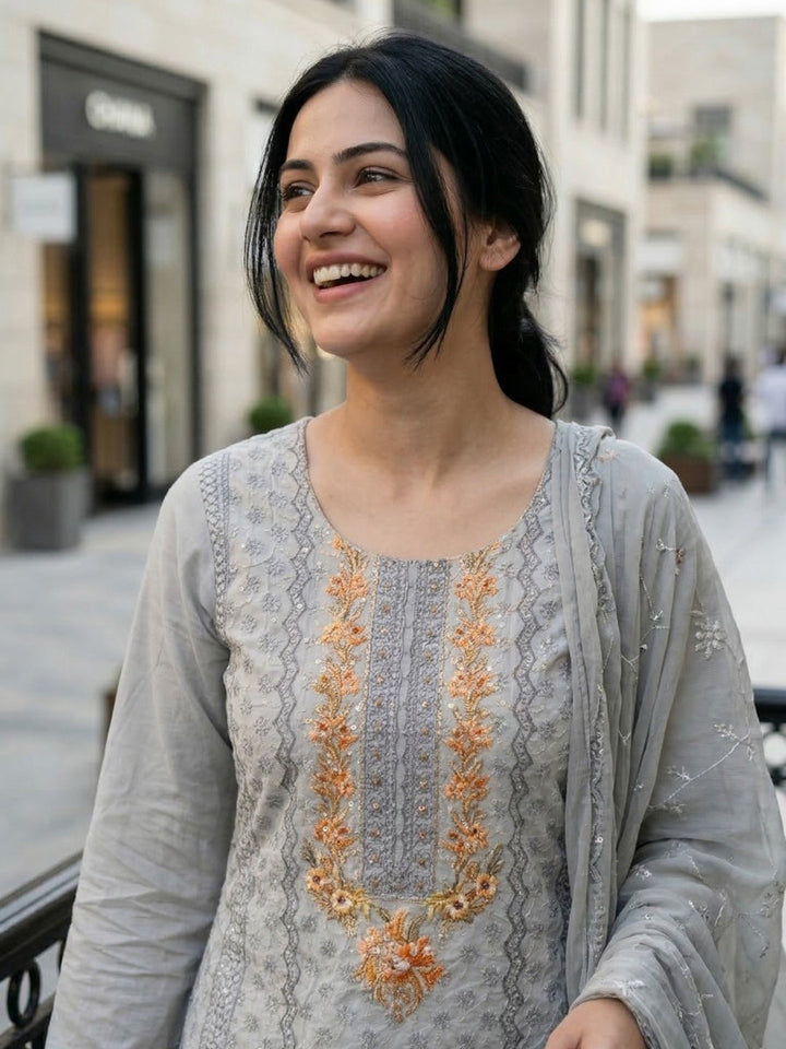 Grey Embroidered Cotton Blend Straight Suit Set With Dupatta