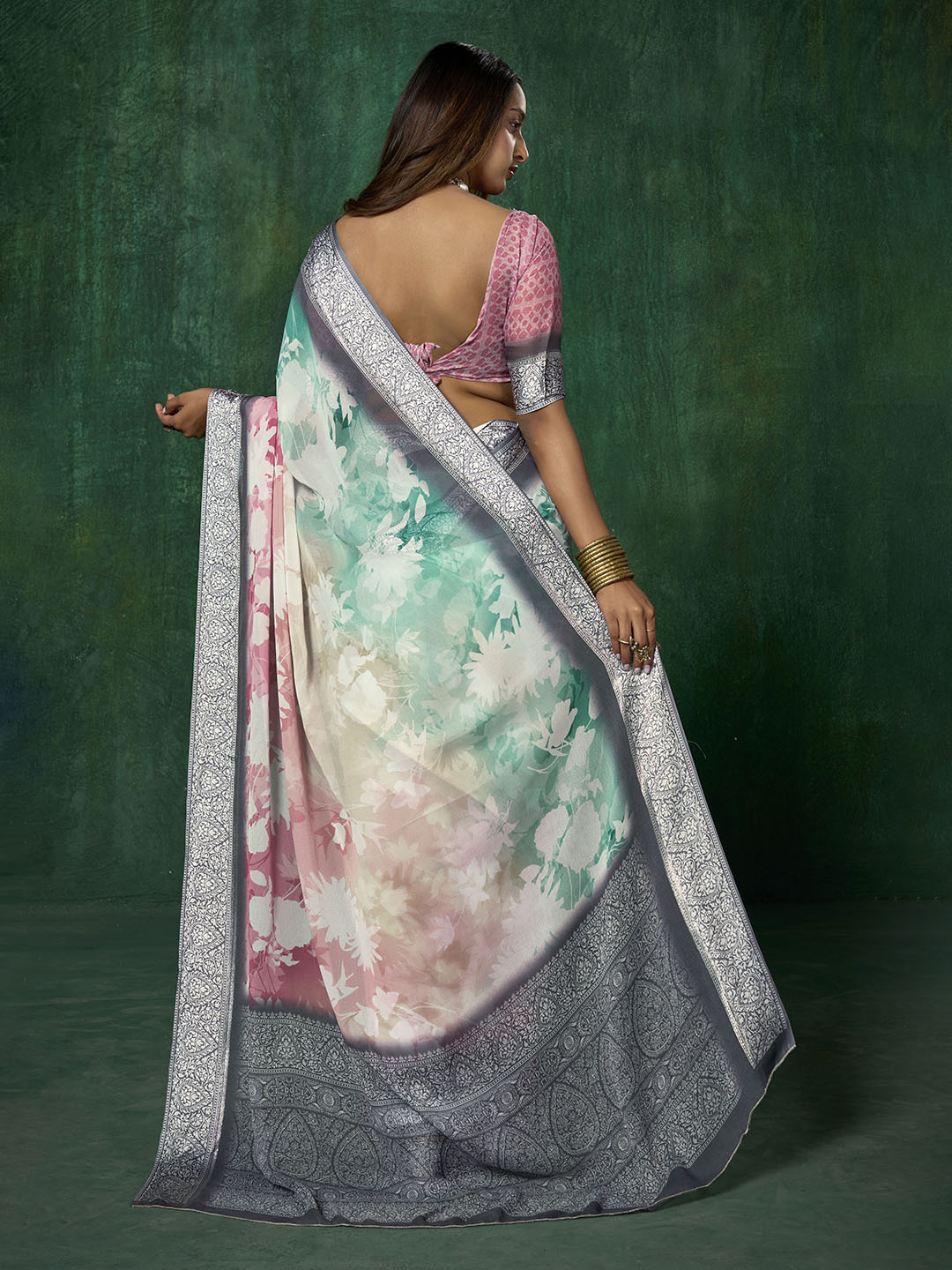 Ombre Floral Printed Georgette Saree