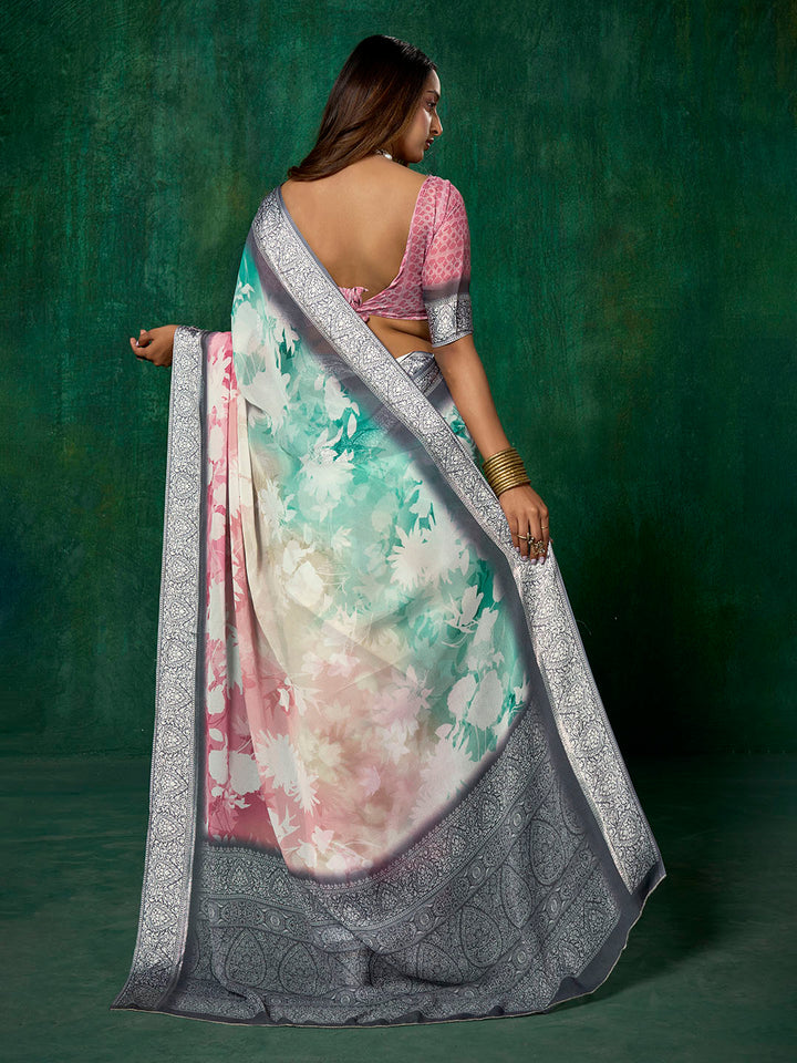 Ombre Floral Printed Georgette Saree