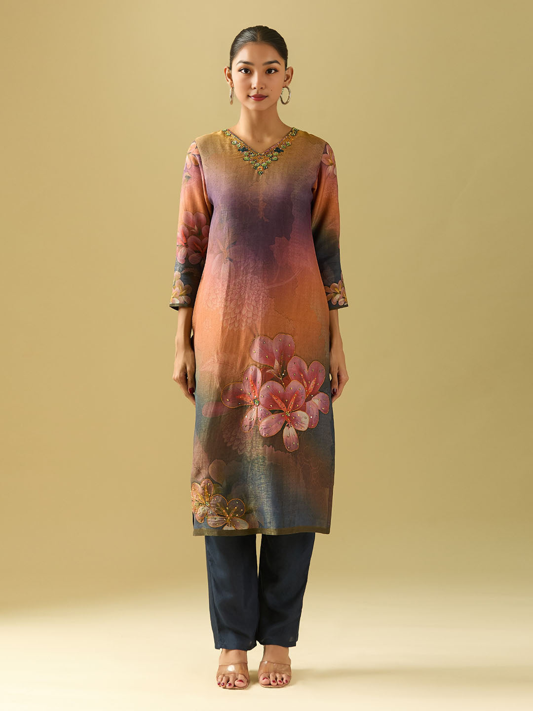 Neck Embroidery Muslin Kurta With Pants &amp; Dupatta