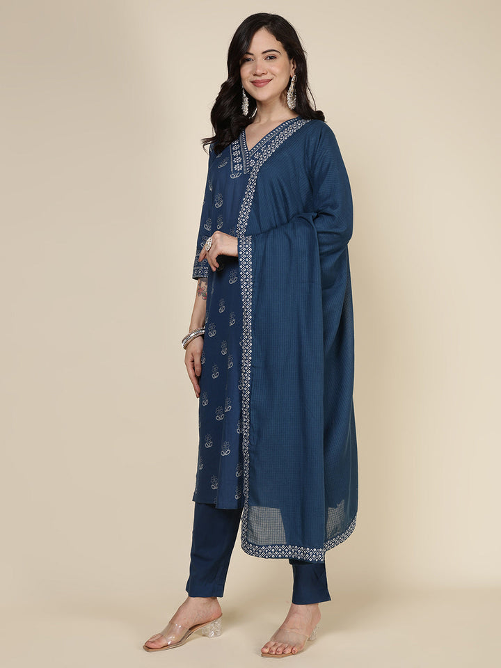 Printed Cotton Blend Kurta With Pants &amp; Dupatta
