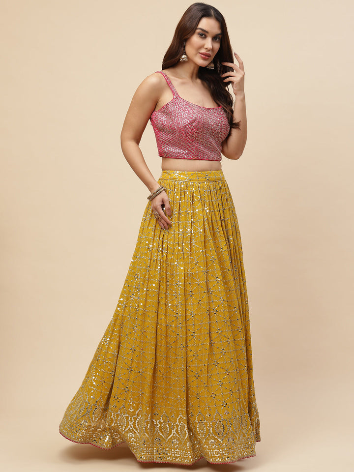 Sequin Embroidered Georgette Choli With Lehenga &amp; Dupatta