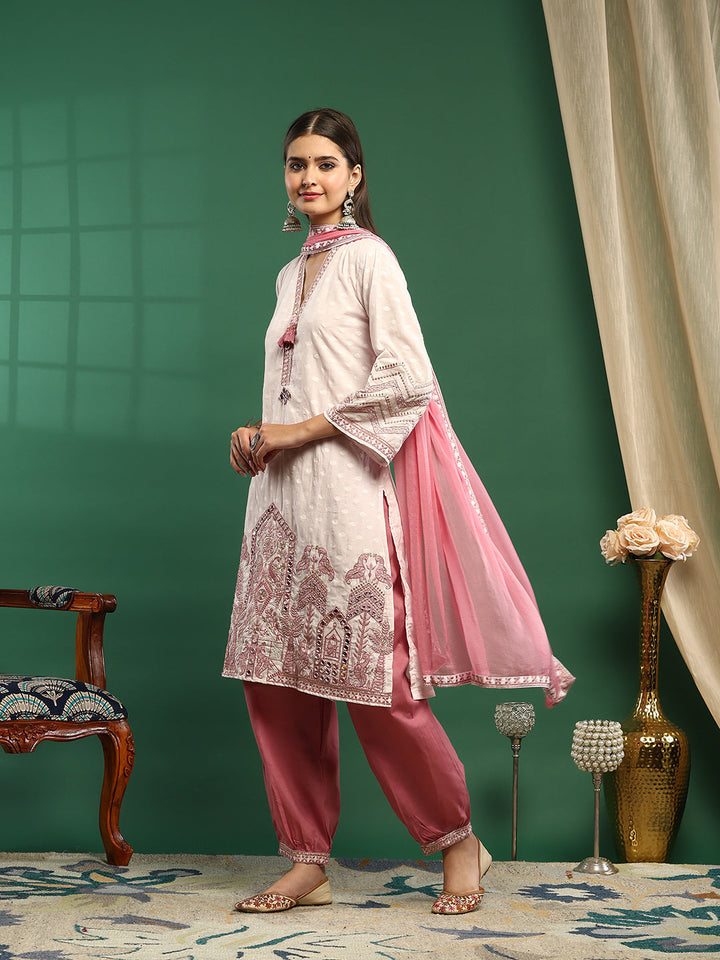 Embroidered Cotton Blend Kurta With Pant &amp; Dupatta