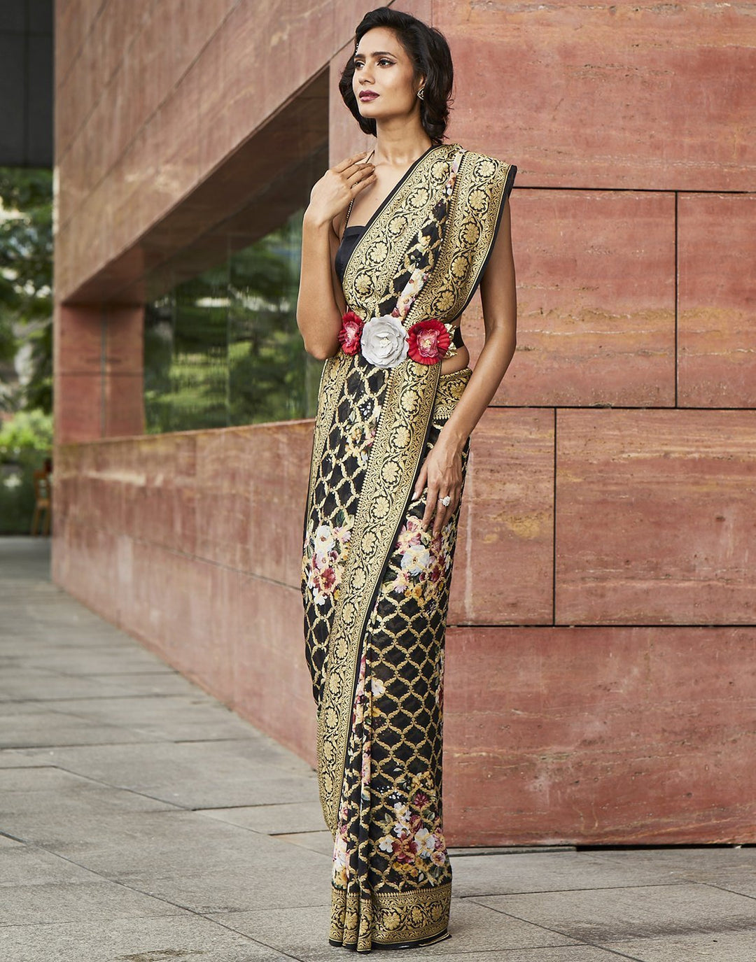 MBZ Meena Bazaar-Black Printed Banarasi Saree