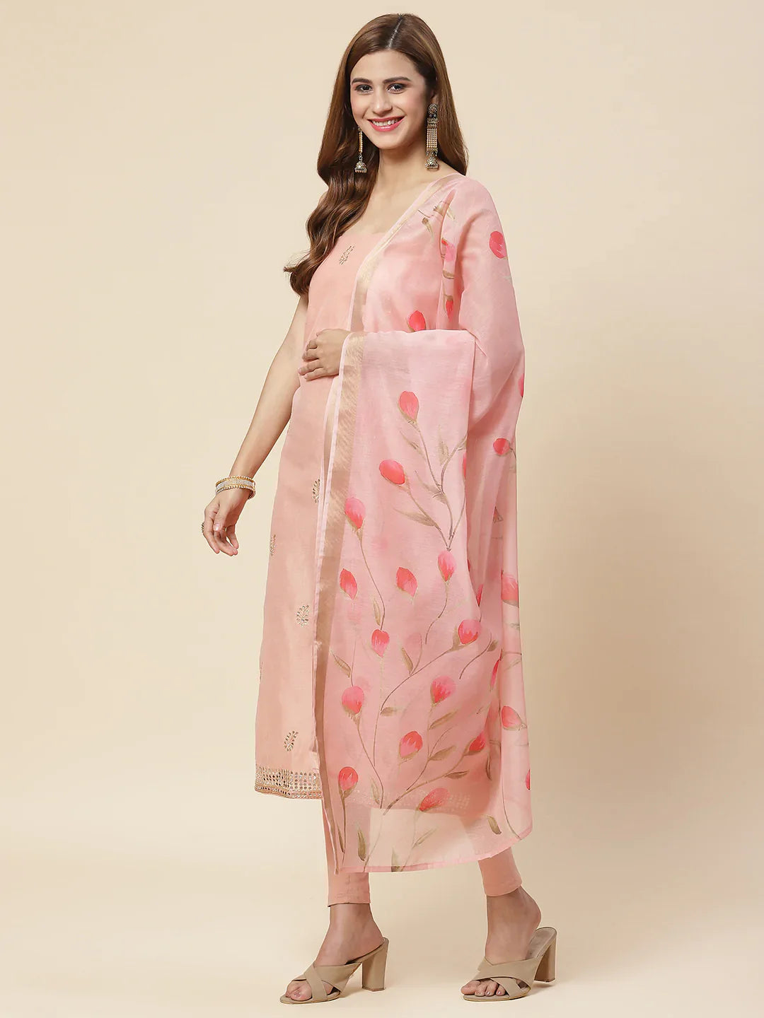 Embroidered Chanderi Unstitched Suit Piece With Floral Dupatta