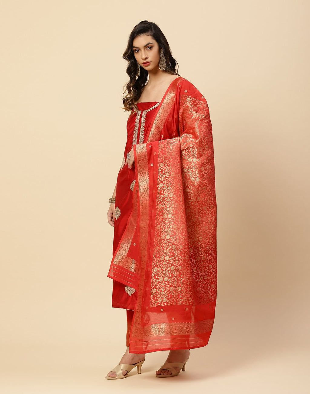 Embroidered Chanderi Suit Piece With Chanderi Banarasi Dupatta