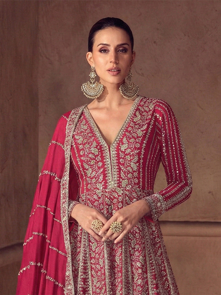 Embroidered Chinnon Silk A Line Dress With Dupatta