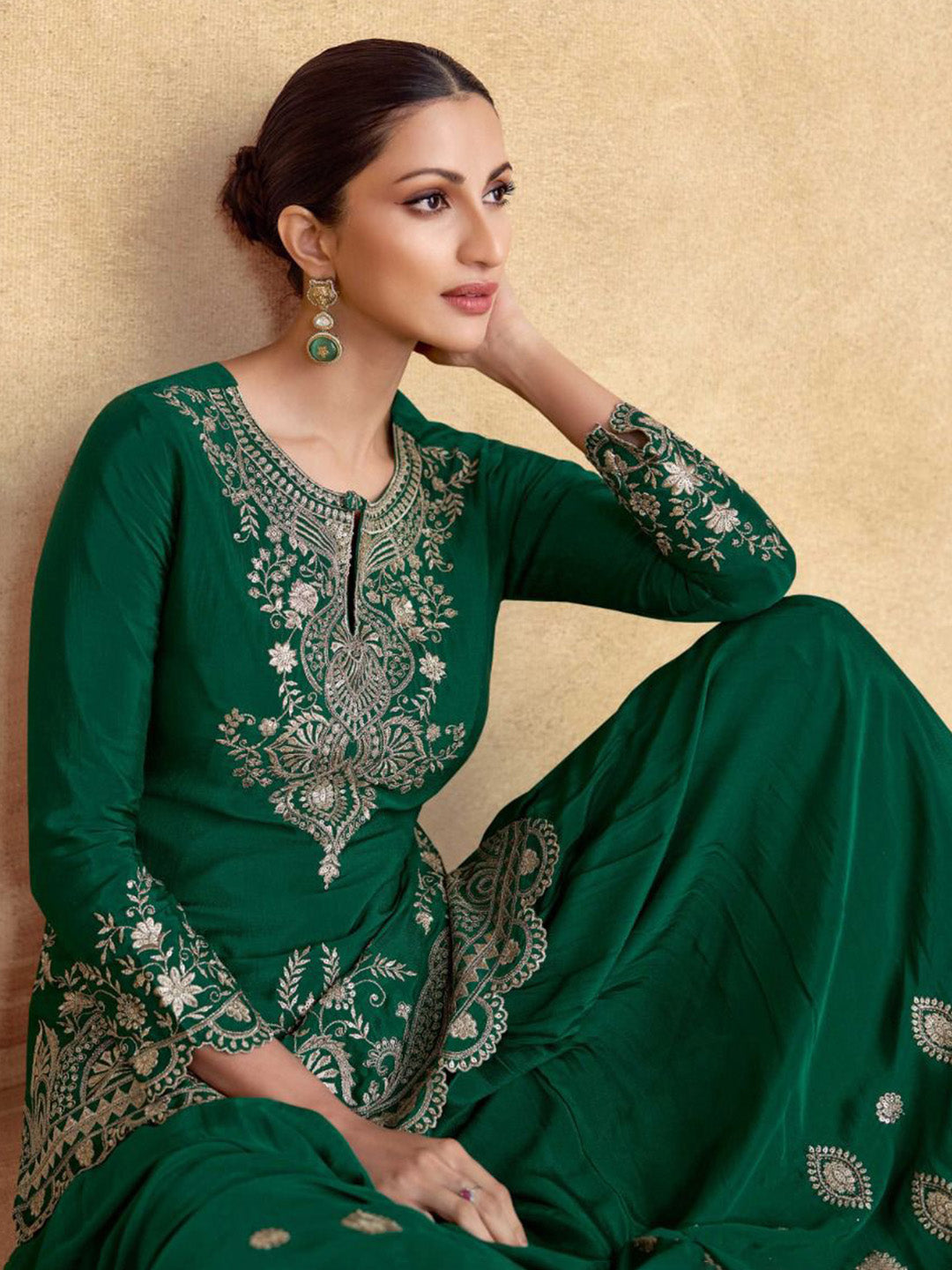 Embroidered Chinon Silk Kurti With Plazzo &amp; Dupatta