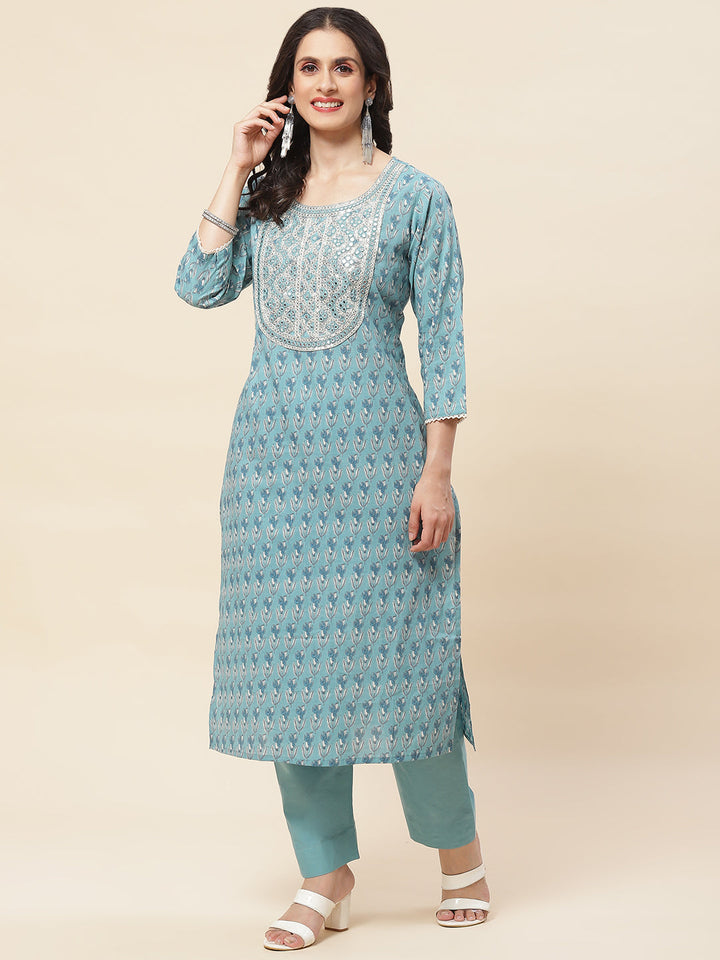 Printed  &amp; Neck Embroidered Cotton Kurta With Pants