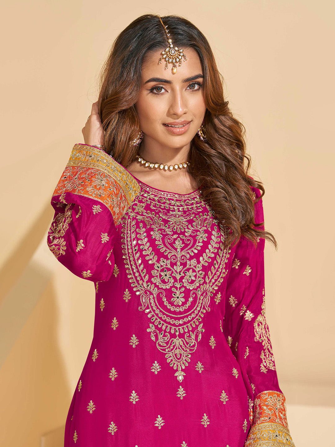 Embroidered Chinon Suit With Pant &amp; Dupatta