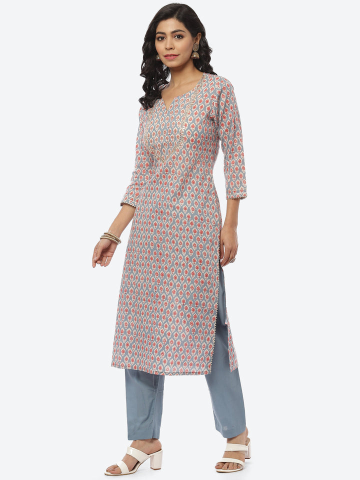 Printed Gota Neck Cotton Kurti With Pant