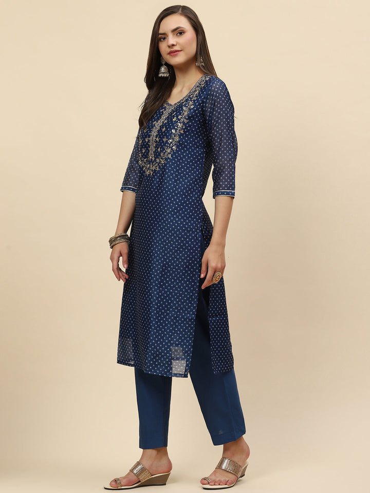 Gota Work &amp; Printed Chanderi Kurta With Pants
