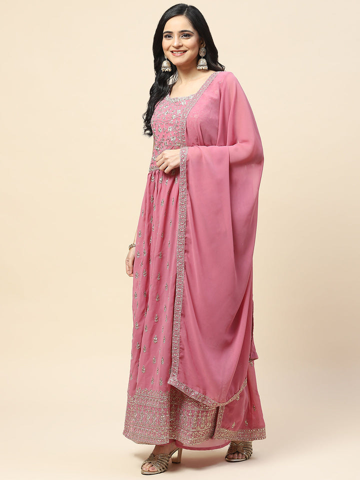 Zari Booti Embroidered Georgette Kurta With Palazzo &amp; Dupatta