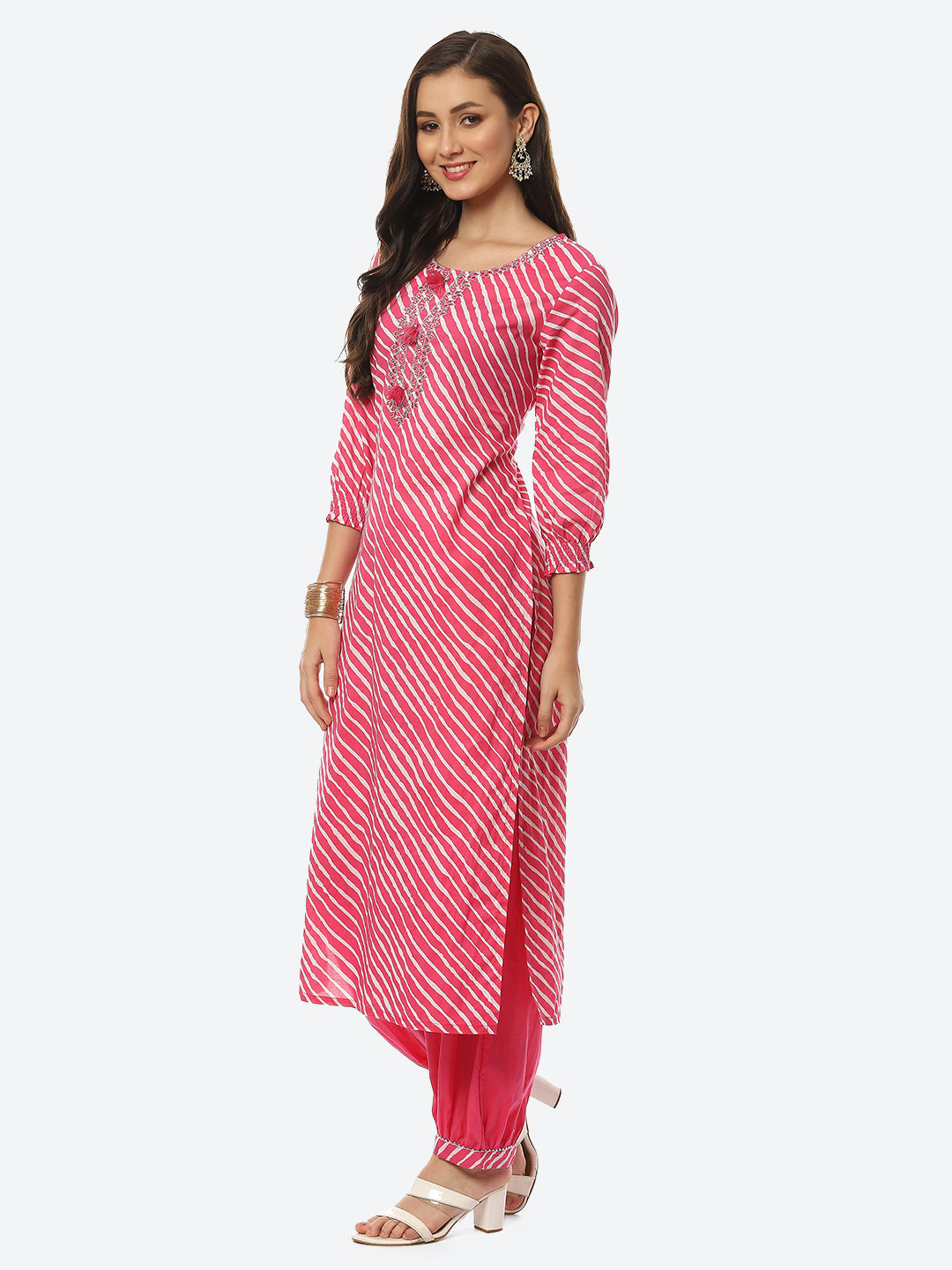 Printed Neck Embroidered Cotton Kurta With Pant
