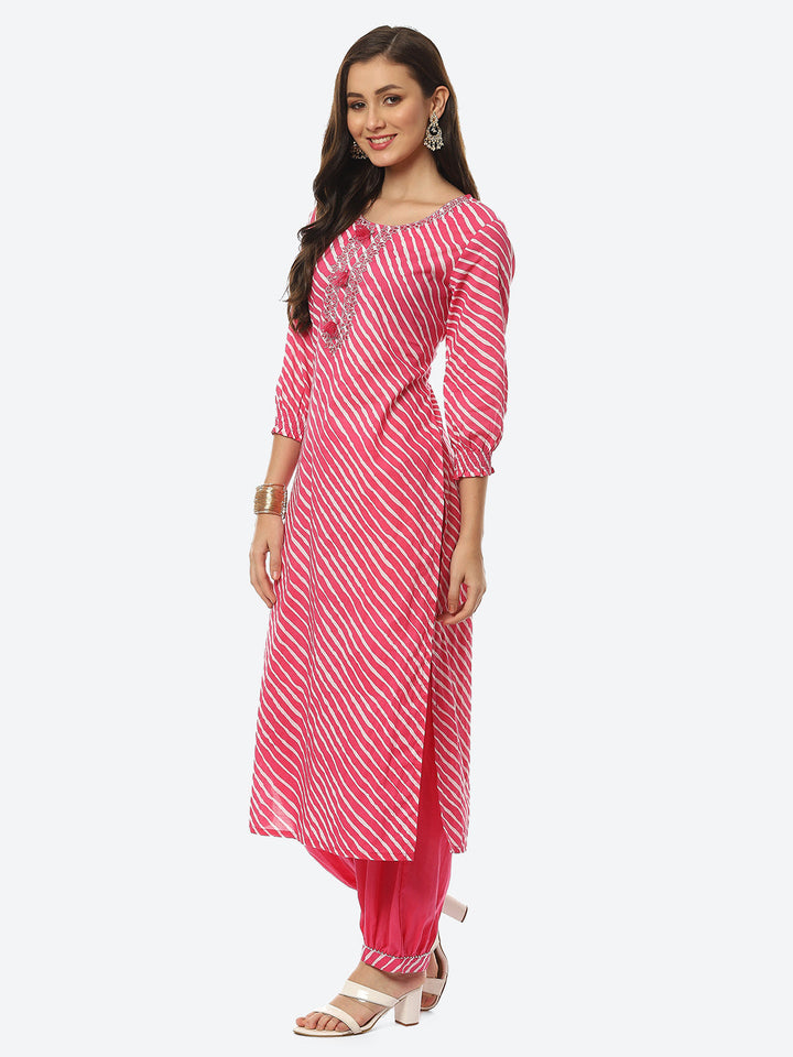 Printed Neck Embroidered Cotton Kurta With Pant