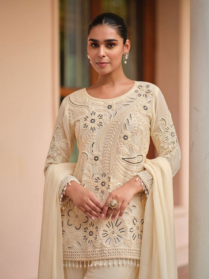 Embroidered Georgette Kurti With Pant &amp; Dupatta