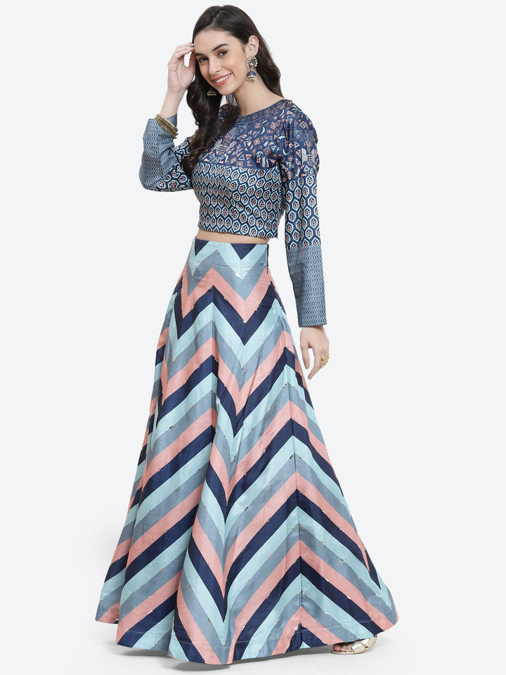 Zig Zag Printed Tussar Lehenga With Choli And Net Dupatta