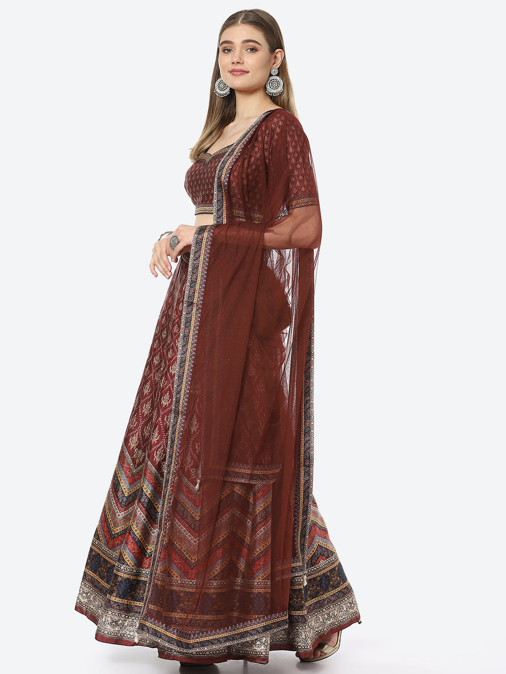 Floral Digital Printed Tussar Silk Choli With Lehenga & Net Dupatta